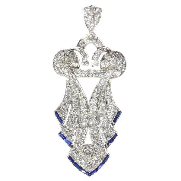The Deco Diamond: Platinum Pendant with Old European Cut Diamonds and Sapphires